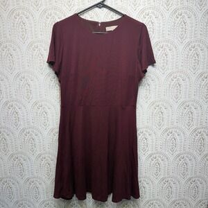 LOFT Fit and Flare Dress Womens 10P Burgundy Short Sleeve Knit Crew Neck Maroon